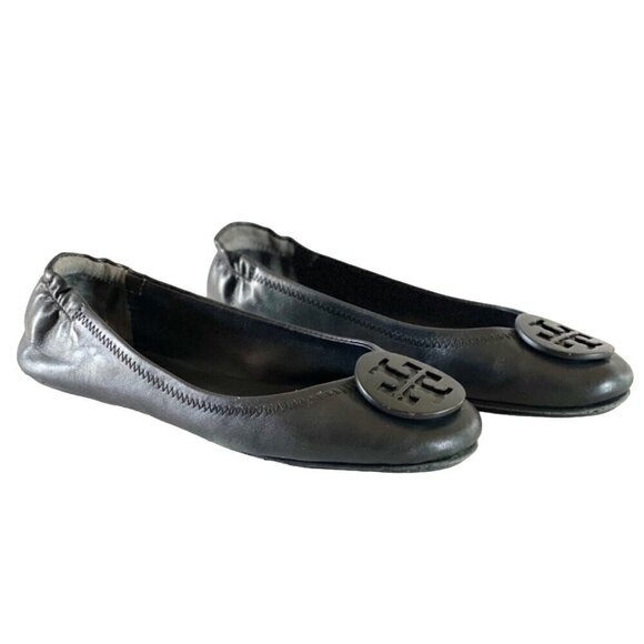Tory Burch Minnie Travel Leather Ballet Flats 6.5 Black Logo Napa Rubber Sole - Picture 1 of 16